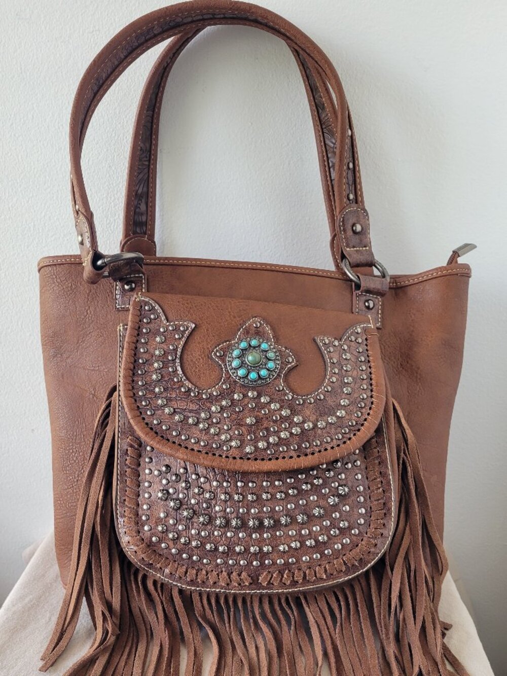 Montana West Western-Style Leather Turquoise Stone & Fringe Handbag